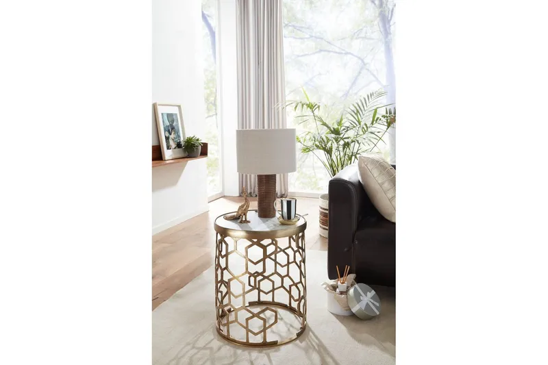 Sido bord Wohnling Äkta marmor rund 44 cm honungskake-optik bas modern - Möbler - Bord & matgrupp - Avlastningsbord & sidobord - Lampbord & sidobord