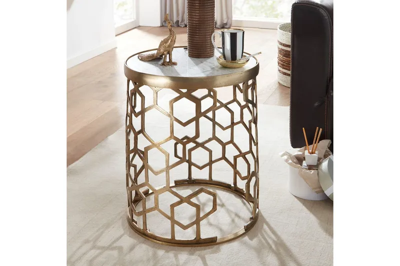 Sido bord Wohnling Äkta marmor rund 44 cm honungskake-optik bas modern - Möbler - Bord & matgrupp - Avlastningsbord & sidobord - Lampbord & sidobord