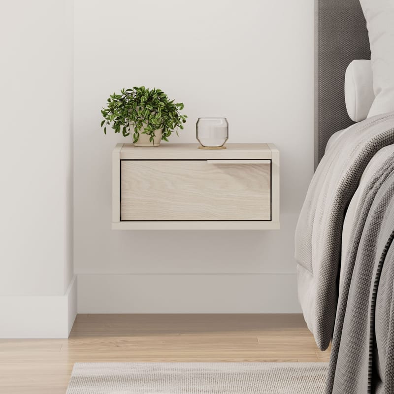 Silena Vägghängt Sängbord 40 cm med Trä- och Ekutseende, Förvaring med Låda - Beige - Möbler - Bord & matgrupp - Avlastningsbord & sidobord - Sängbord & nattduksbord