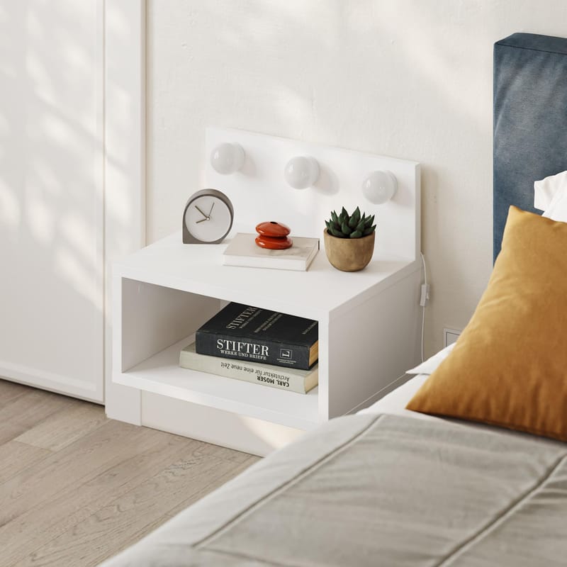 Sumira Vägghängt Sängbord & Nattduksbord med LED-belysning 40 cm i Trä med Hylla - Vit - Möbler - Bord & matgrupp - Avlastningsbord & sidobord - Sängbord & nattduksbord
