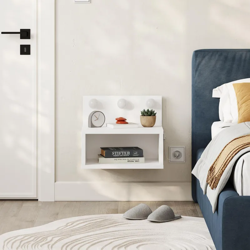 Sumira Vägghängt Sängbord 40 cm, Förvaring med Hylla och LED-belysning - Vit - Möbler - Bord & matgrupp - Avlastningsbord & sidobord - Sängbord & nattduksbord