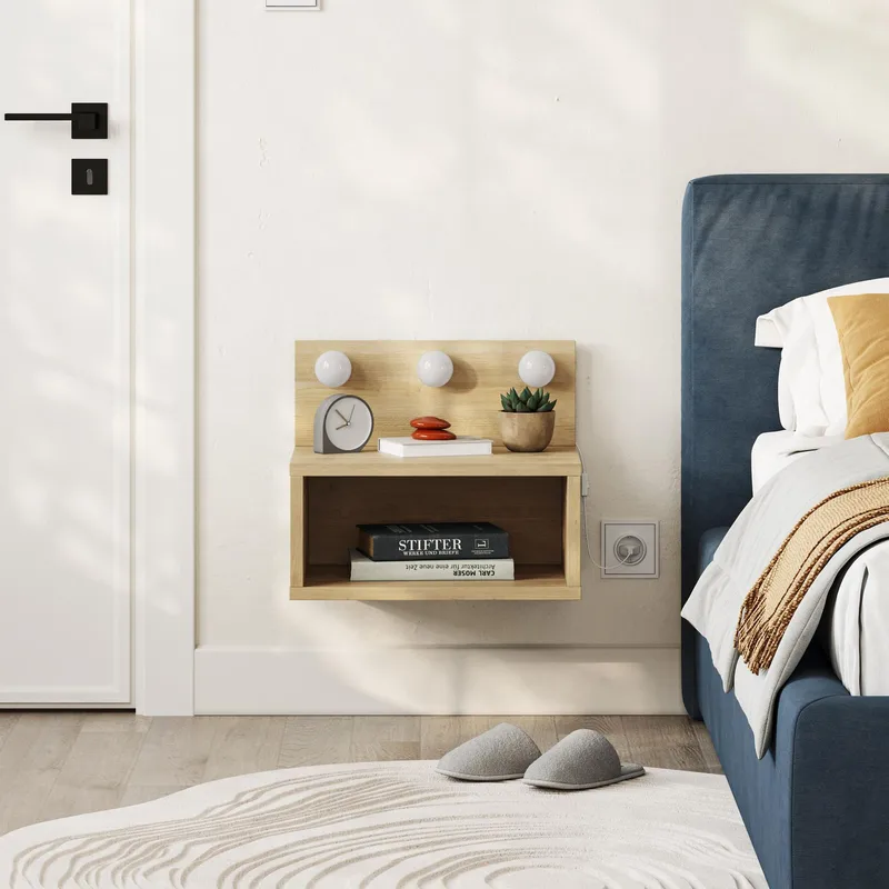 Sumira Vägghängt Sängbord 40 cm med Trä- och Ekutseende, Förvaring med Hylla och LED-belysning - Brun - Möbler - Bord & matgrupp - Avlastningsbord & sidobord - Sängbord & nattduksbord