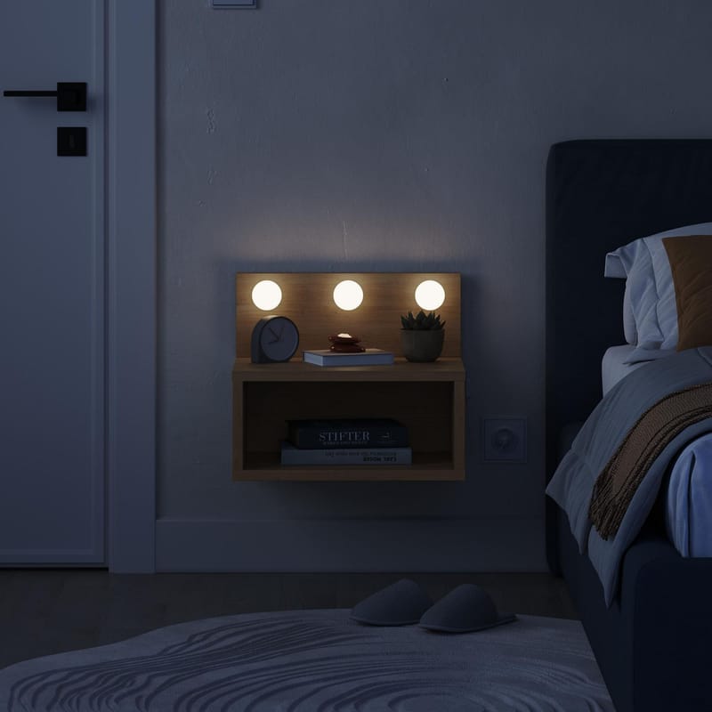 Sumira Vägghängt Sängbord 40 cm med Trä- och Ekutseende, Förvaring med Hylla och LED-belysning - Brun - Möbler - Bord & matgrupp - Avlastningsbord & sidobord - Sängbord & nattduksbord