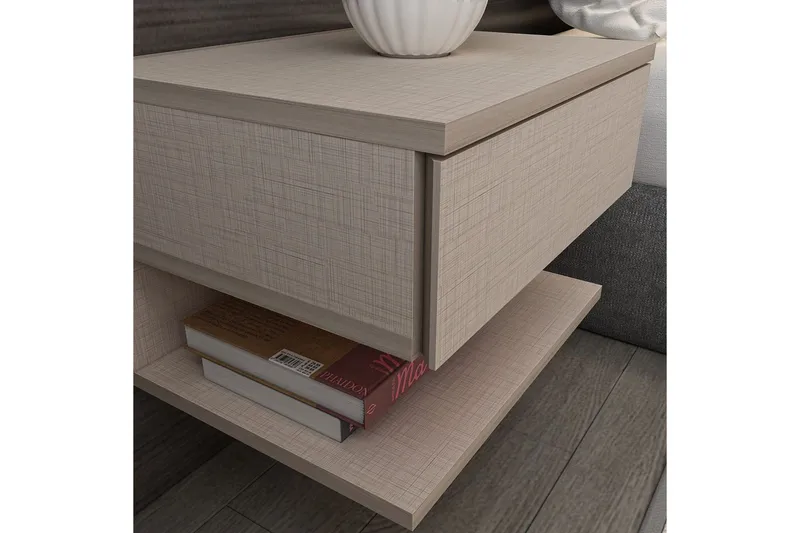Telo Vägghängt Sängbord 45 cm med Ljust Träutseende, Förvaring med Låda - Beige - Möbler - Bord & matgrupp - Avlastningsbord & sidobord - Sängbord & nattduksbord
