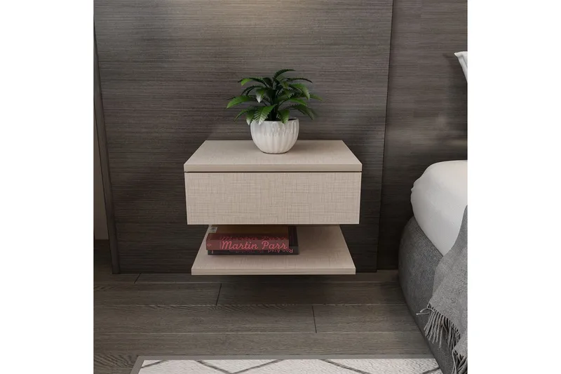 Telo Vägghängt Sängbord 45 cm med Ljust Träutseende, Förvaring med Låda - Beige - Möbler - Bord & matgrupp - Avlastningsbord & sidobord - Sängbord & nattduksbord