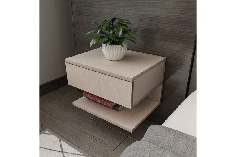 Telo Vägghängt Sängbord 45 cm med Ljust Träutseende, Förvaring med Låda - Beige - Möbler - Bord & matgrupp - Avlastningsbord & sidobord - Sängbord & nattduksbord
