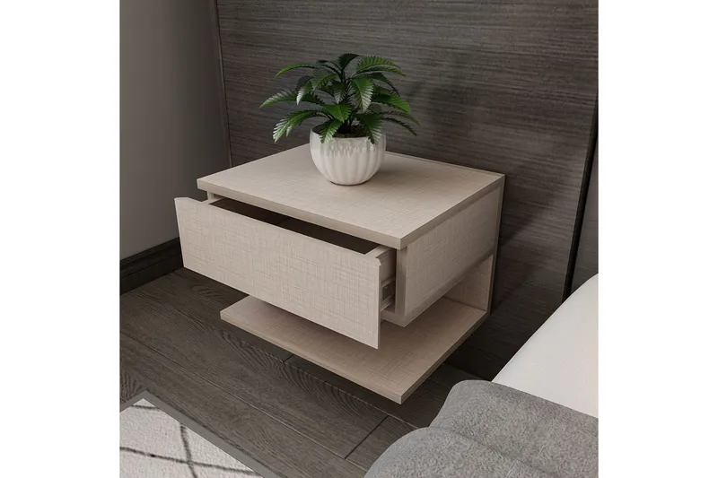 Telo Vägghängt Sängbord 45 cm med Ljust Träutseende, Förvaring med Låda - Beige - Möbler - Bord & matgrupp - Avlastningsbord & sidobord - Sängbord & nattduksbord