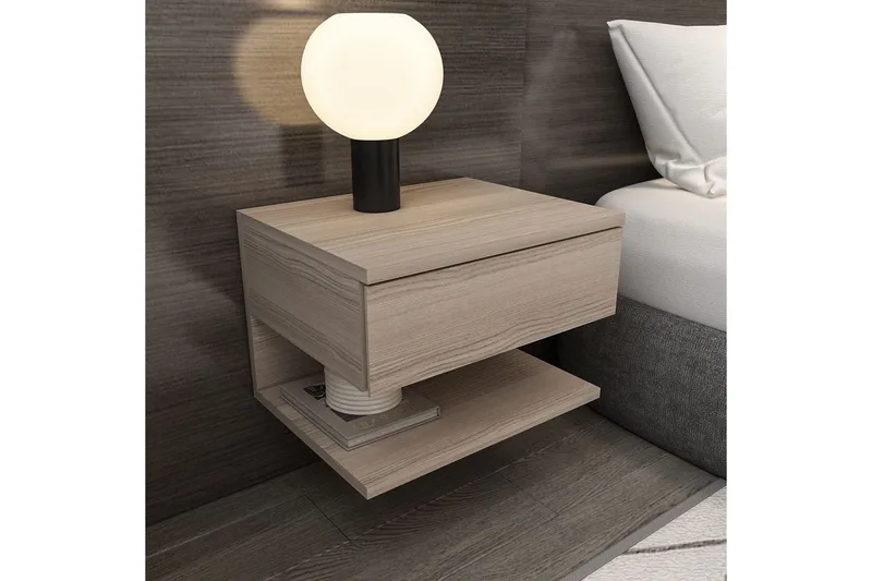 Telo Vägghängt Sängbord 45 cm med Trä- och Ekutseende, Förvaring med Låda - Ljust trä - Möbler - Bord & matgrupp - Avlastningsbord & sidobord - Sängbord & nattduksbord