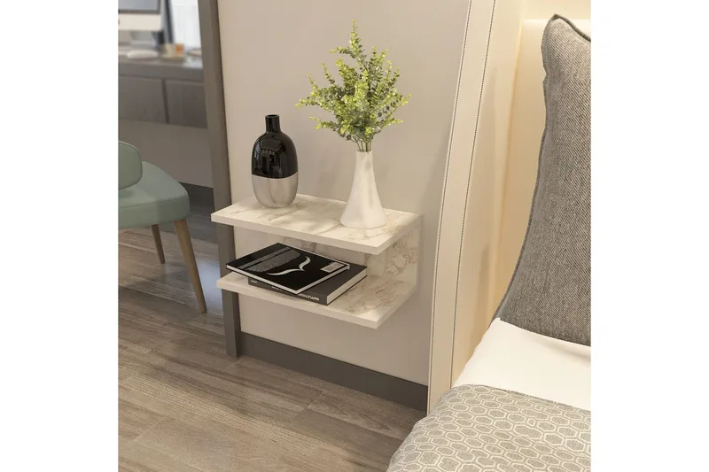 Torvic Vägghängt Sängbord 45 cm med Marmorutseende, Förvaring med Hylla - Vit - Möbler - Bord & matgrupp - Avlastningsbord & sidobord - Sängbord & nattduksbord