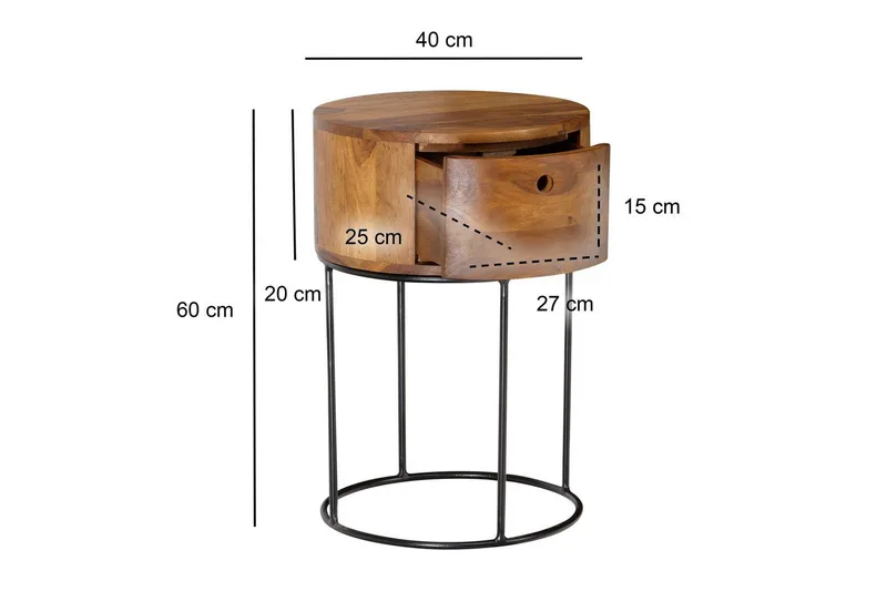 Wohnling Runt Sängbord & Nattduksbord 40 cm i Massivt Sheeshamträ med Valnötsutseende, Förvaring med Låda - Brun - Möbler - Bord & matgrupp - Avlastningsbord & sidobord - Sängbord & nattduksbord
