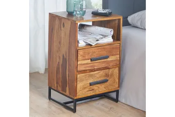 Wohnling Sängbord 35 cm i Massivt Sheeshamträ med Valnötsutseende, Förvaring med 2 Lådor och Hylla - Brun - Möbler - Bord & matgrupp - Avlastningsbord & sidobord - Sängbord & nattduksbord