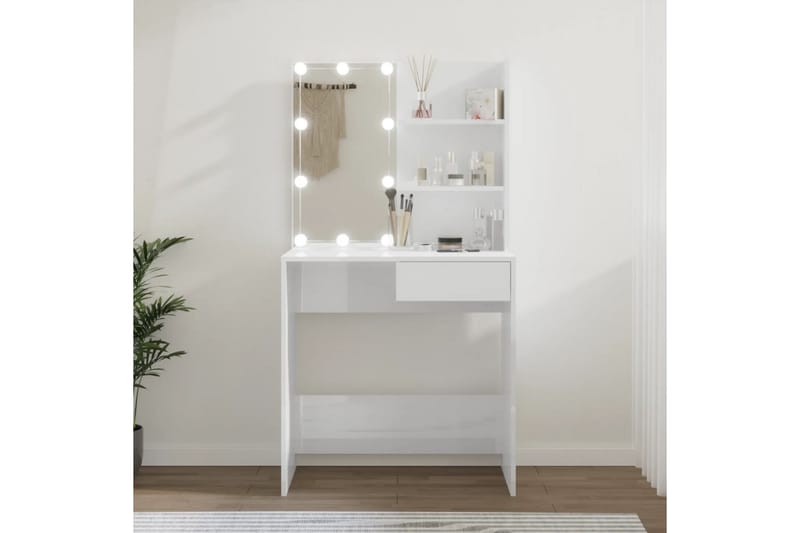beBasic Sminkbord med LED vit högglans 74,5x40x141 cm - White - Sminkbord & toalettbord