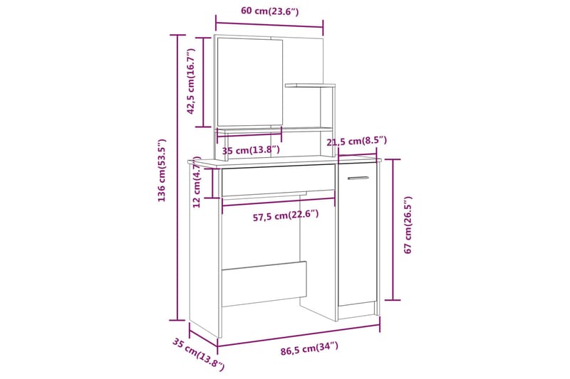 beBasic Sminkbord med spegel vit högglans 86,5x35x136 cm - White - Sminkbord & toalettbord
