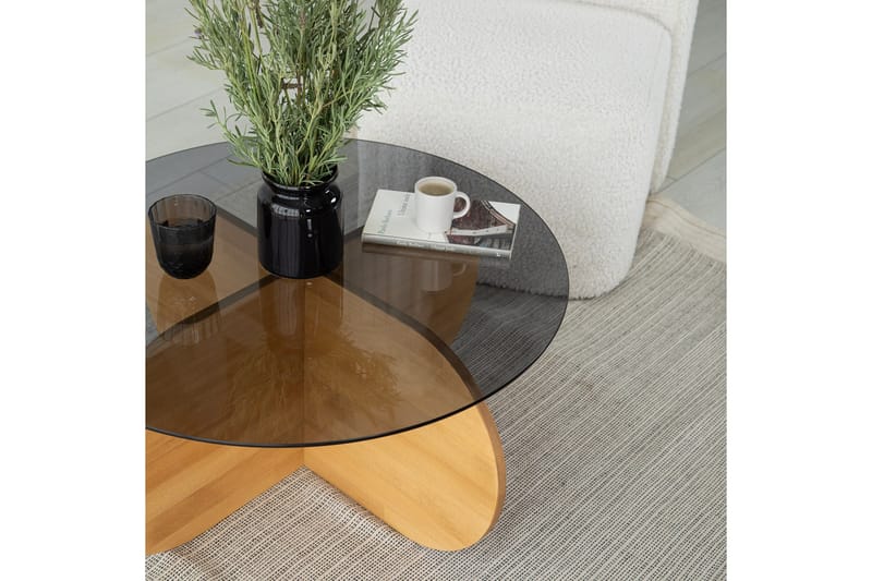Bengul 75 cm Runt Soffbord i Glas med Träunderrede - Rökgrå - Möbler - Bord & matgrupp - Soffbord