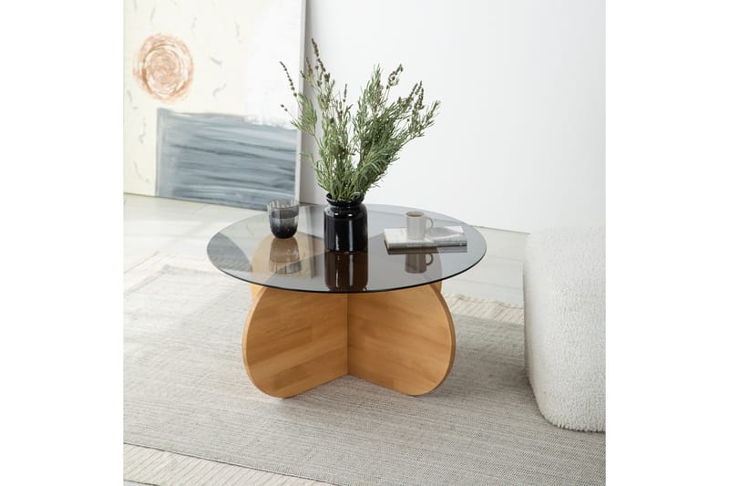 Bengul 75 cm Runt Soffbord i Glas med Träunderrede - Rökgrå - Möbler - Bord & matgrupp - Soffbord