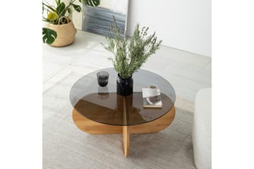 Bengul 75 cm Runt Soffbord i Glas med Träunderrede - Rökgrå - Möbler - Bord & matgrupp - Soffbord