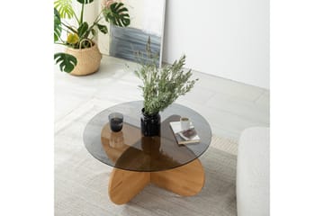Bengul 75 cm Runt Soffbord i Glas med Träunderrede - Rökgrå - Möbler - Bord & matgrupp - Soffbord