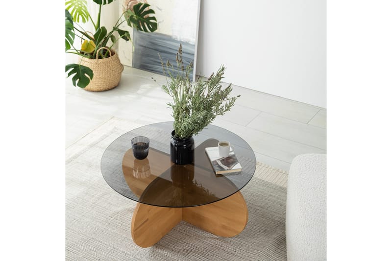 Bengul 75 cm Runt Soffbord i Glas med Träunderrede - Rökgrå - Möbler - Bord & matgrupp - Soffbord
