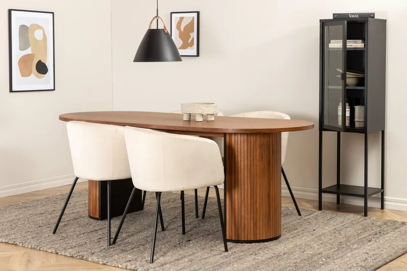 Bianca Oval Matgrupp 200 cm med 4 Berit Matstolar, valnötsfärgad, beige och svart