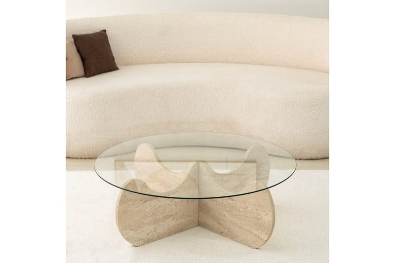 Chaino Runt Soffbord 90 cm i Trä och Glas med Skulpturalt Underrede - Klar - Möbler - Bord & matgrupp - Soffbord