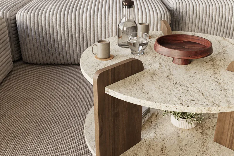 Cindral Soffbord 70 cm Rund - Travertin Och Valnöt - Möbler - Bord & matgrupp - Soffbord