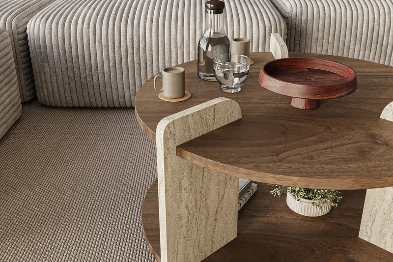 Cindral Soffbord 70 cm Rund - Valnöt Och Travertin - Möbler - Bord & matgrupp - Soffbord