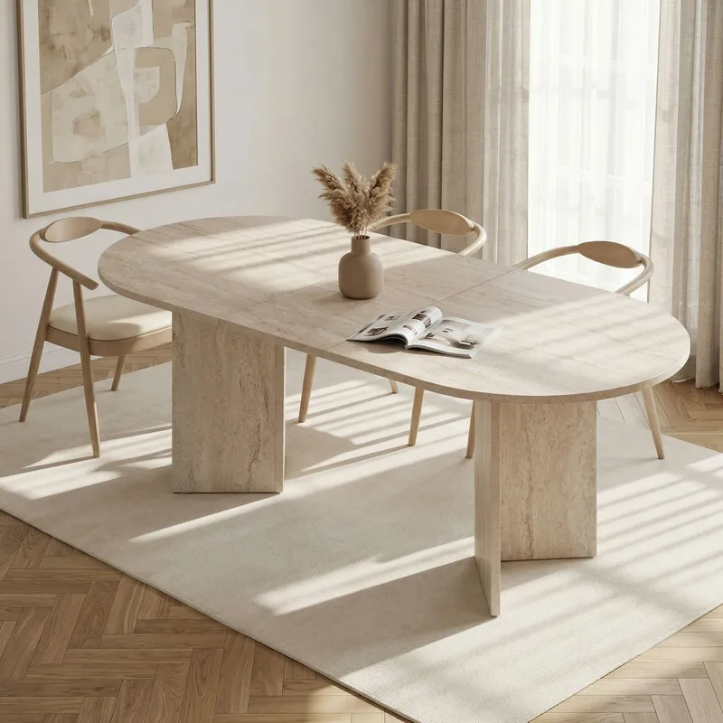 Dano Förlängningsbart Ovalt Matbord 160-200x90 cm med Travertinutseende - Beige - Möbler - Bord & matgrupp - Matbord & köksbord