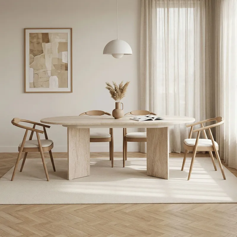 Dano Förlängningsbart Ovalt Matbord 160-200x90 cm med Travertinutseende - Beige - Möbler - Bord & matgrupp - Matbord & köksbord