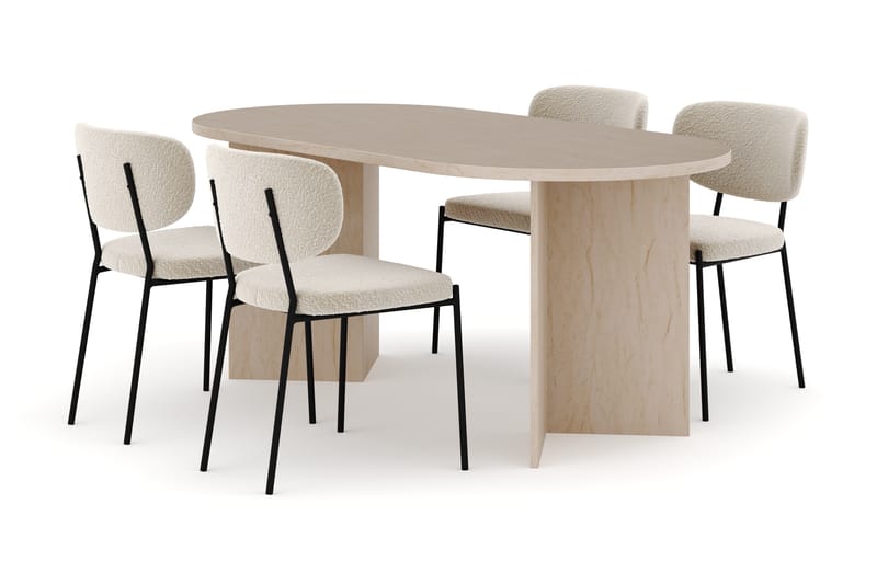 Dano Matbord 180 cm med 4 Gemmiano Matstolar, Travertin / Vit Bouclé