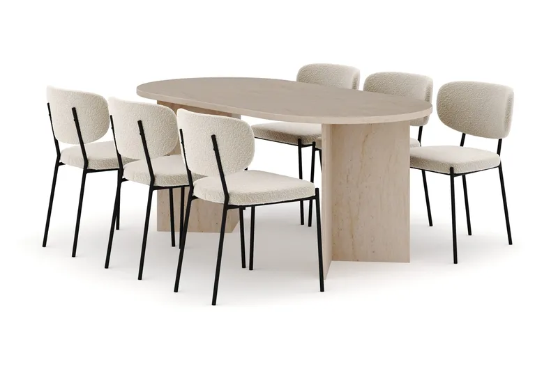 Dano Matbord 180 cm  med 6 Gemmiano Matstolar - Travertin / Vit Bouclé - Möbler - Bord & matgrupp - Matgrupp
