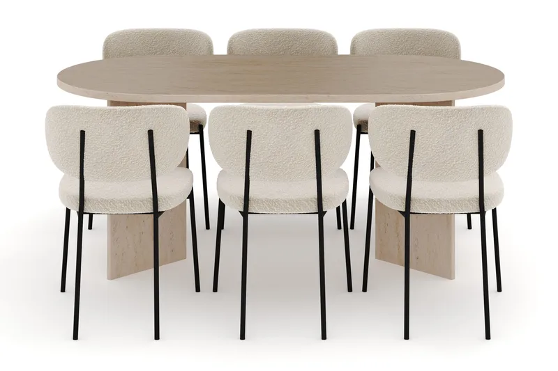 Dano Matbord 180 cm  med 6 Gemmiano Matstolar - Travertin / Vit Bouclé - Möbler - Bord & matgrupp - Matgrupp