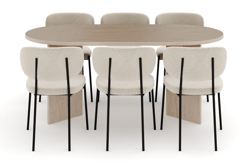 Dano Matbord 180 cm med 6 Heathrow Matstolar - Travertin / Vit Bouclé - Möbler - Bord & matgrupp - Matgrupp