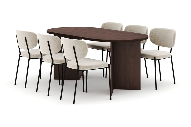 Dano Matbord 180 cm med 6 Heathrow Matstolar, Valnöt / Vit Bouclé