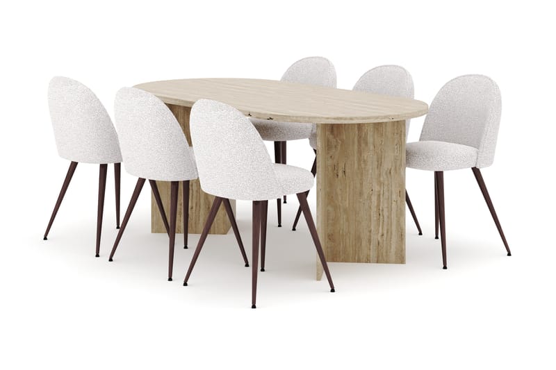 Dano Matbord 180 cm med 6 Naira Plus Matstolar, Travertin / Vit