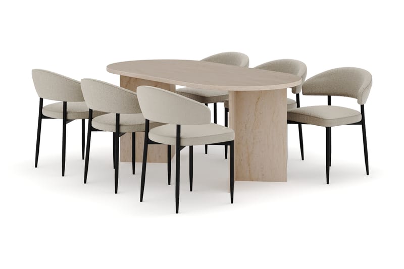 Dano Matbord 180 cm med 6 Sawako Matstolar, Travertin / Beige