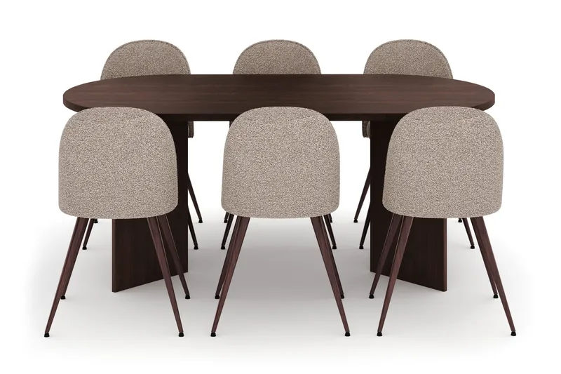Dano Oval Matgrupp 180 cm – Matbord med 6 Nibe Plus Matstolar med Trä- och Valnötsutseende - Brun|Greige - Möbler - Bord & matgrupp - Matgrupp