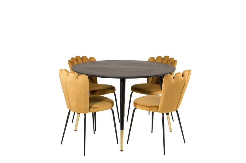 Dipp Matgrupp 115 cm Rund med 4 Limhamn stolar, Svart/Guld