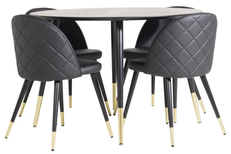 Dipp Matgrupp 115 cm Rund med 4 Velvet stolar, Svart/Guld