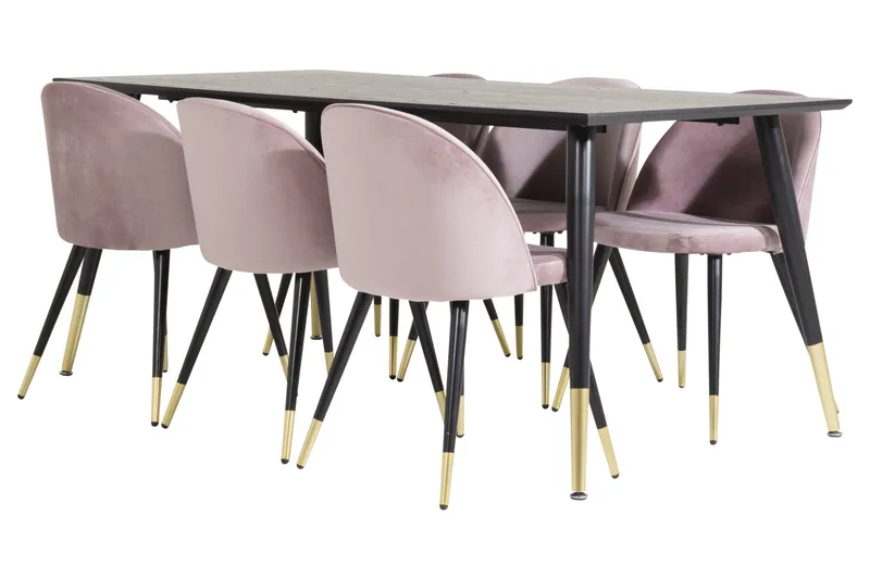 Dipp Matgrupp 180 cm Rektangulär med 6 Velvet stolar, Svart/Guld