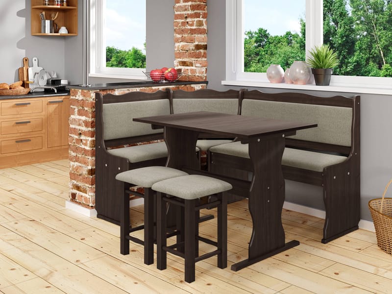 Drosbacken 7-sits Matgrupp för kök - Mörkbrunt trä och gråbeige klädsel - Möbler - Bord & matgrupp - Matgrupp