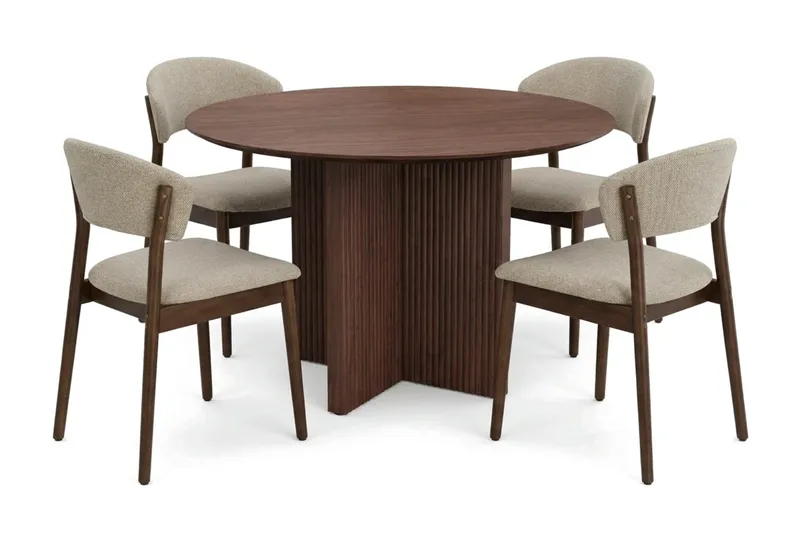 Edda Matgrupp runt 110 cm Valnöt med 4 Nala Matstolar, Valnöt