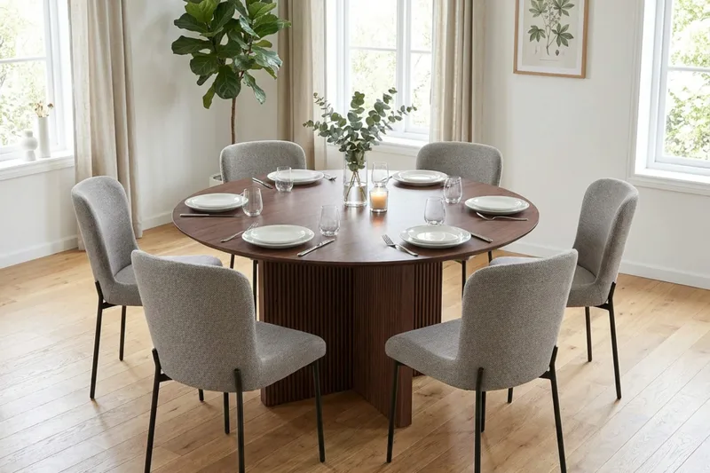 Edda Matgrupp runt 130 cm Valnöt med 6 Elsie Matstolar - Valnöt - Möbler - Bord & matgrupp - Matgrupp