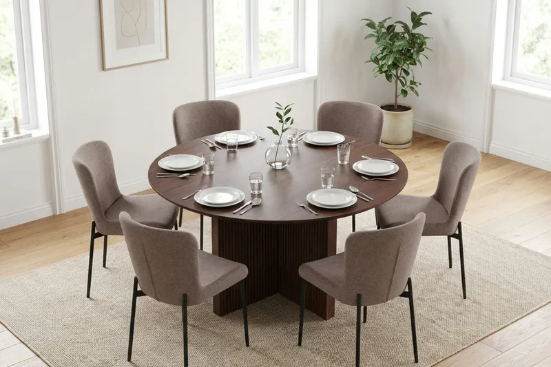 Edda Matgrupp runt 130 cm Valnöt med 6 Elsie Matstolar - Valnöt/Grå - Möbler - Bord & matgrupp - Matgrupp