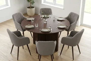 Edda Matgrupp runt 130 cm Valnöt med 6 Filippa Matstolar - Valnöt - Möbler - Bord & matgrupp - Matgrupp