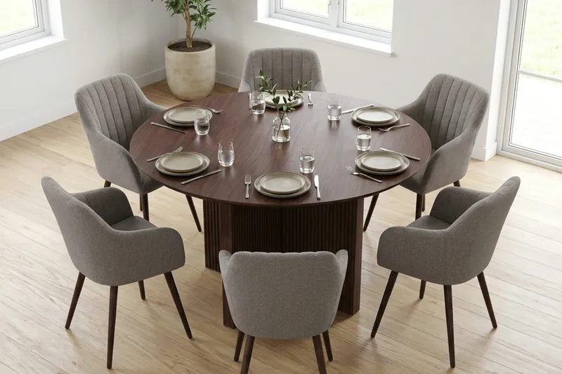 Edda Matgrupp runt 130 cm Valnöt med 6 Filippa Matstolar - Valnöt - Möbler - Bord & matgrupp - Matgrupp