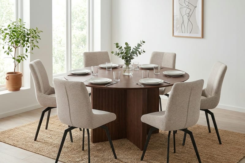 Edda Matgrupp runt 150 cm Valnöt med 6 Mora Matstolar - Valnöt - Möbler - Bord & matgrupp - Matgrupp