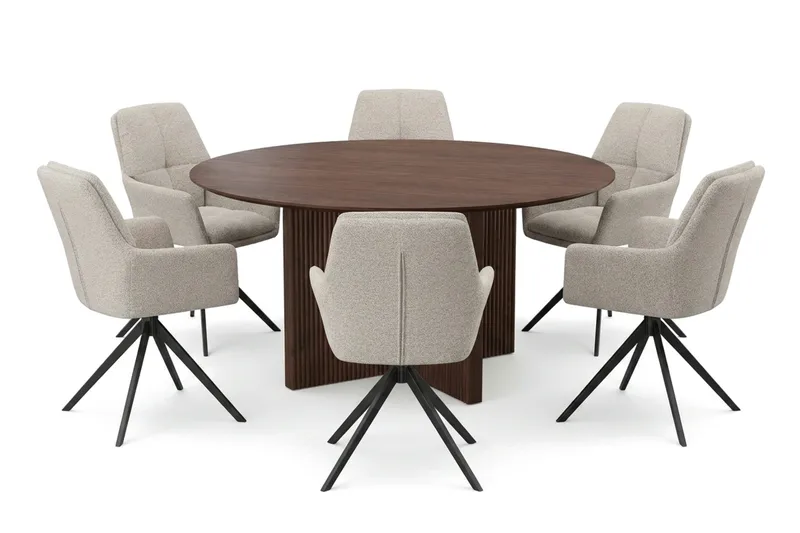 Edda Matgrupp runt 150 cm Valnöt med 6 Torsby Matstolar, Valnöt