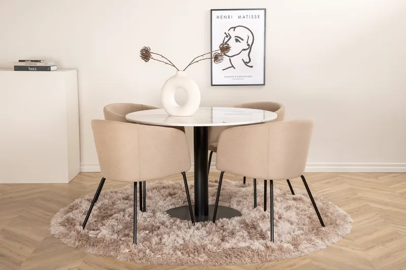 Estelle Matbord 106 cm Runt Marmor med 4 Berit Karmstol med Armstöd