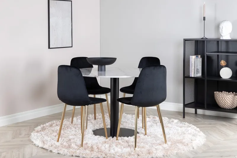 Estelle Matbord 106 cm Runt Marmor med 4 Polar Köksstol Sammet