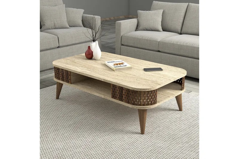 Eylul Rektangulärt Soffbord 105 cm med Hyllor i Trä - Beige - Möbler - Bord & matgrupp - Soffbord